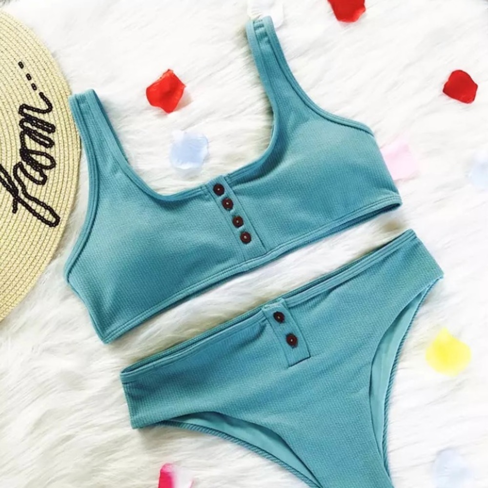 SOLD OUT CLEARANCE Teal Blue Ribbed Button Up Bikini Swimsuit - Picture 2 of 3